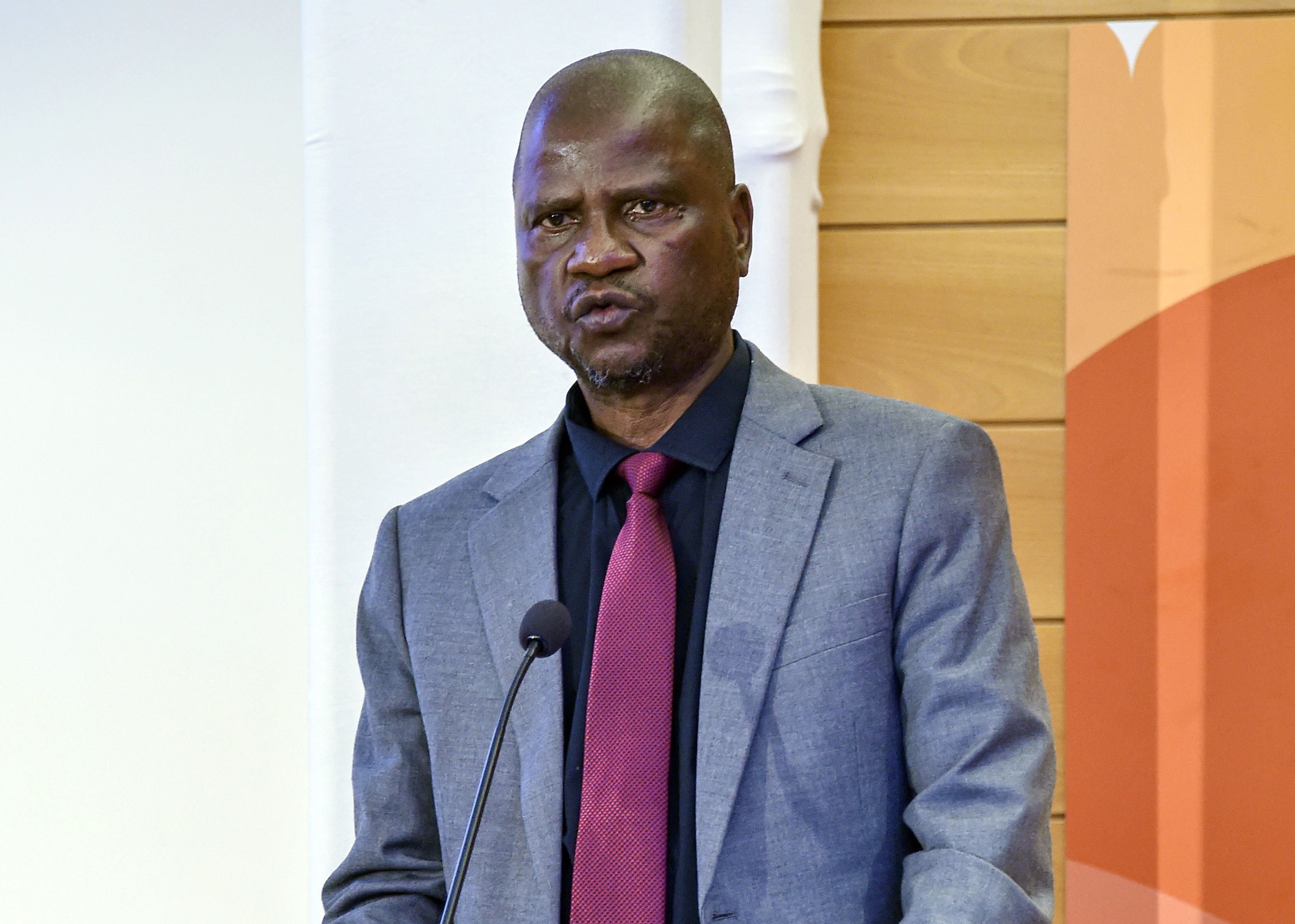 Hon. Mandla Tshawuka, the Minister of Agriculture of the Kingdom of Eswatini, talks at the World Food Forum Southern Africa presentations of the Hand-in-Hand Regional Initiatives investment plans in the Austria Room